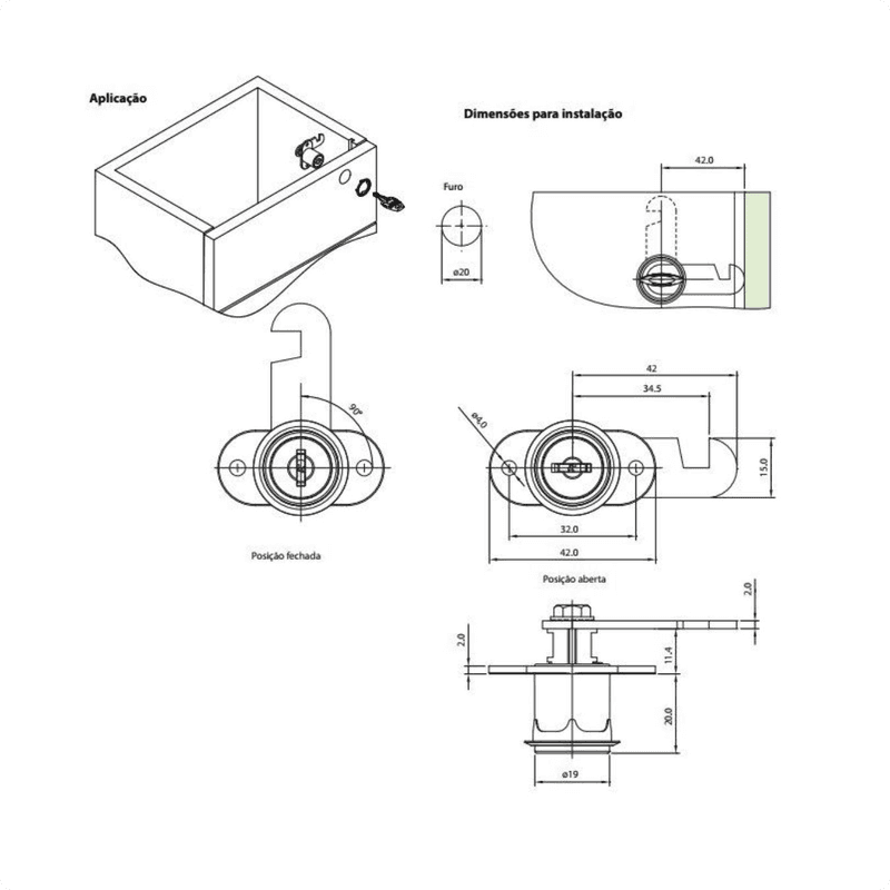 Fechadura de Gavetas E Portas Móveis Tambor 19 X 20 Mm