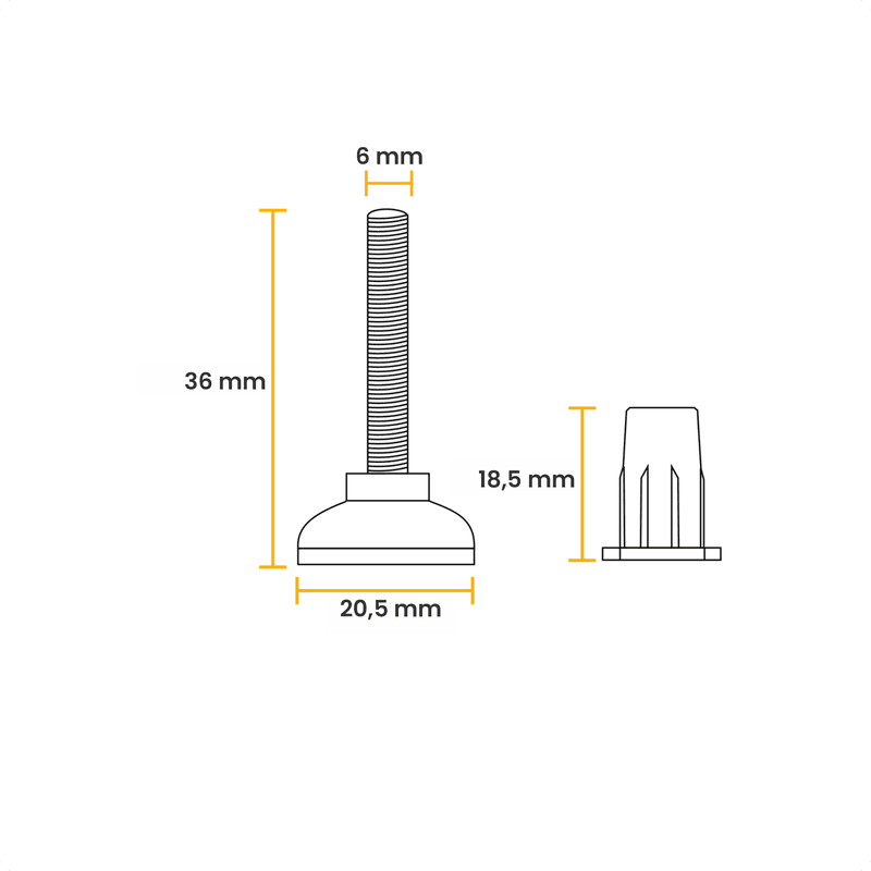 Sapata Pé Nivelador Regulável de 6 Mm Com Bucha de 6 Mm Mk