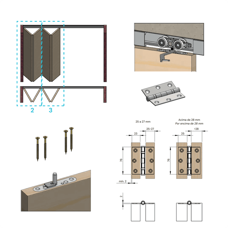 Kit Sistema Articolato Sanfonado Mais 2 Folhas Com Dobradiça Padrão Rometal