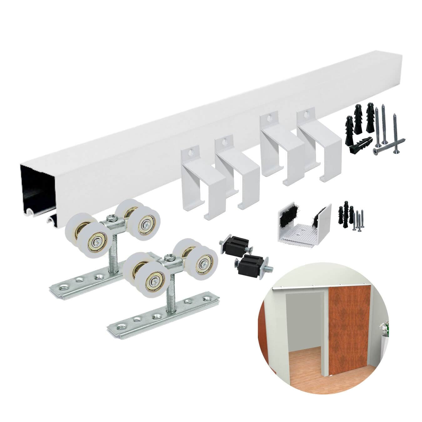 Kit Para Porta de Correr 35 X 35 Mm Branco 4r Com Trilho de 2 Metros Rodinato