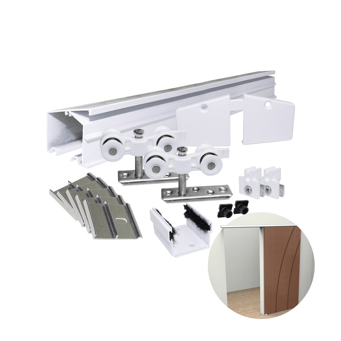 Kit Para Porta de Correr Com Fixação Oculta Branco 4r Com Trilho de 2 Metros Rodinato