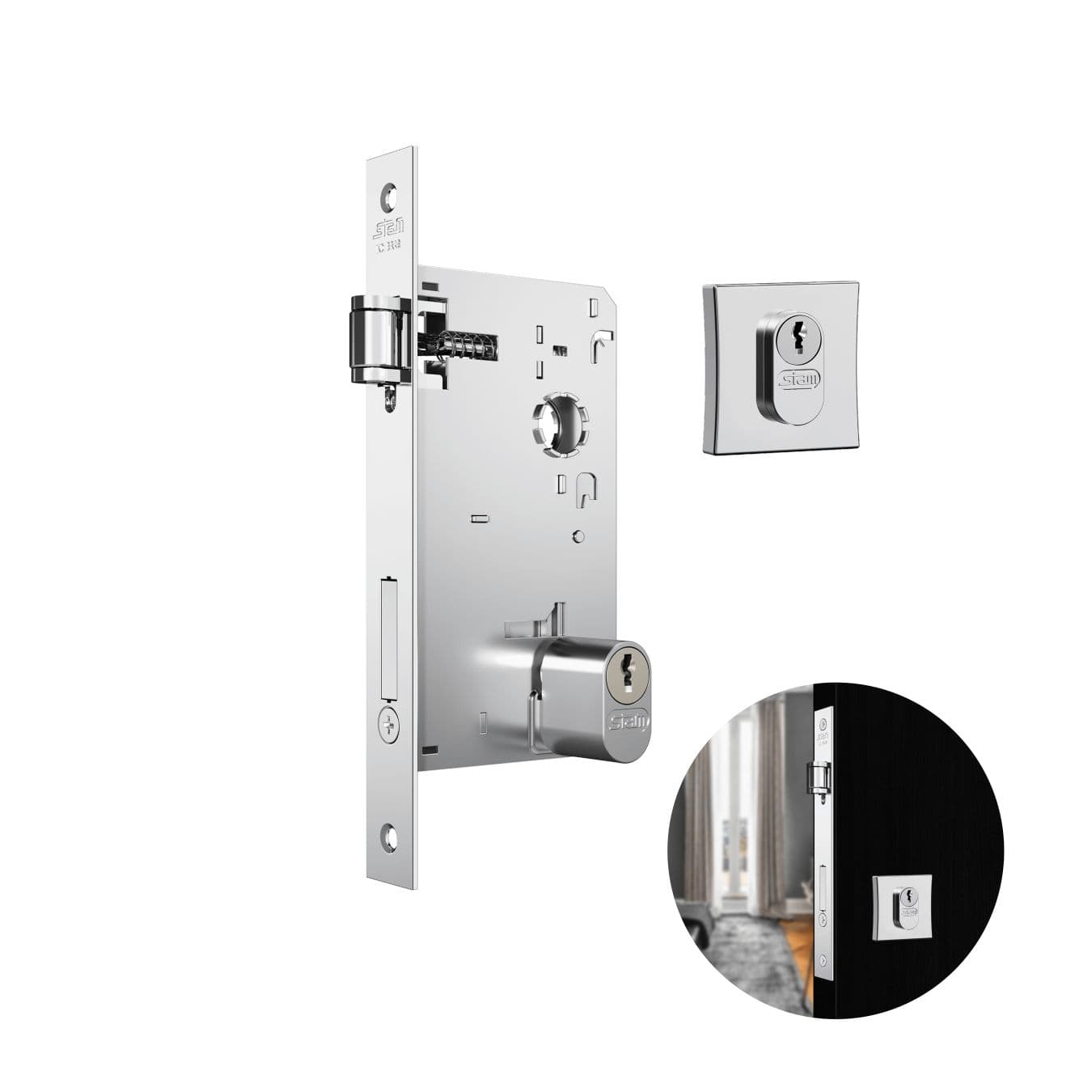 Fechadura Rolete Cromada Quadrada Para Porta Residencial Pivotante Externa de 40 A 60 Mm 1601 Stam